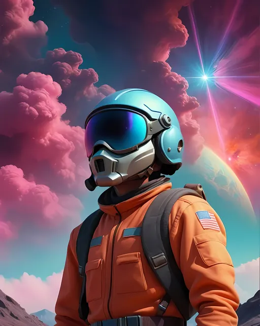 Prompt: UHD, professional 10000 meter very long shot photography, occlusion, symmetry, ultimate, shadows, highlights, full body photo of a man in helmet, looking at distant sky and an nebula, detailed character design style, synthwave, victorian-inspired illustrations, rendered in cinema4d, bold, colorful portraits, large expansive landscapes, poster art