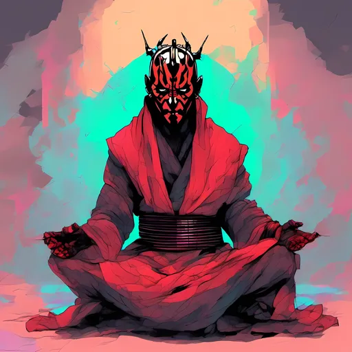 Prompt: vibrant inkpunk style photo of a Darth Maul kneeling in meditation 
