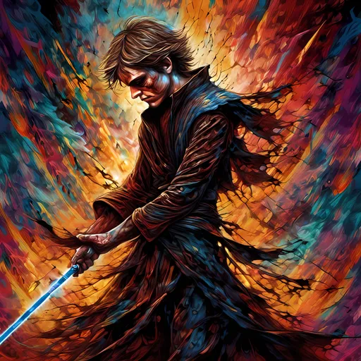 Prompt: <mymodel> Abstract digital art of Anakin Skywalker, surreal, psychedelic and chaotic, dark and mysterious psychedelic atmosphere, vibrant and impossible contrasting colors, high quality, abstract, surreal, chaotic, dark atmosphere, vibrant colors, mysterious, digital art, divine void, divine madness, divine bliss, divine Sith