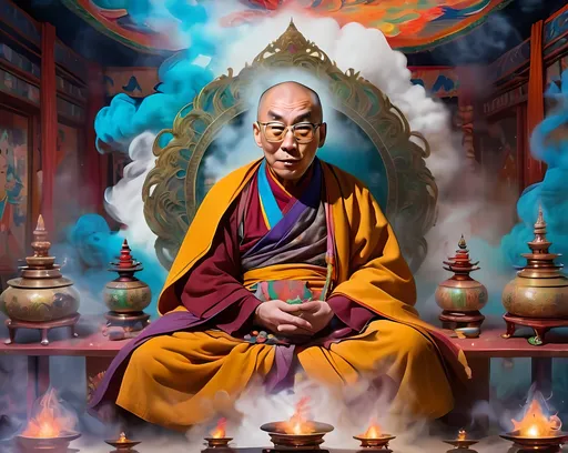 Prompt: 14th Dalai Lama engaged in meditation, facing towards camera with eyes closed, Tibetan ceremonial robes, incense burners and mists of smoke float in background, tibetan dungchen on right side of room,  niji 6 style, vibrant and psychedelic colors, intricate details, high quality, surreal, fantastical, intricate patterns, luminous effects, otherworldly atmosphere, intricate textures, mystical creature, majestic presence, ethereal glow