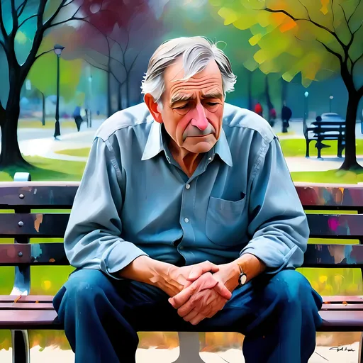 Prompt: Abstract expressionism artwork of an older grey haired man, emotional moment on a park bench, reminiscing memories of his late father, private reflection, intense emotions, textured brushstrokes, vibrant colors, deep emotional impact, raw and powerful, high quality, expressive art, emotional depth, heartfelt composition, vivid strokes, personal connection, deep colors, textured surfaces, evocative atmosphere, impactful storytelling, poignant theme, reflective mood, soulful expression