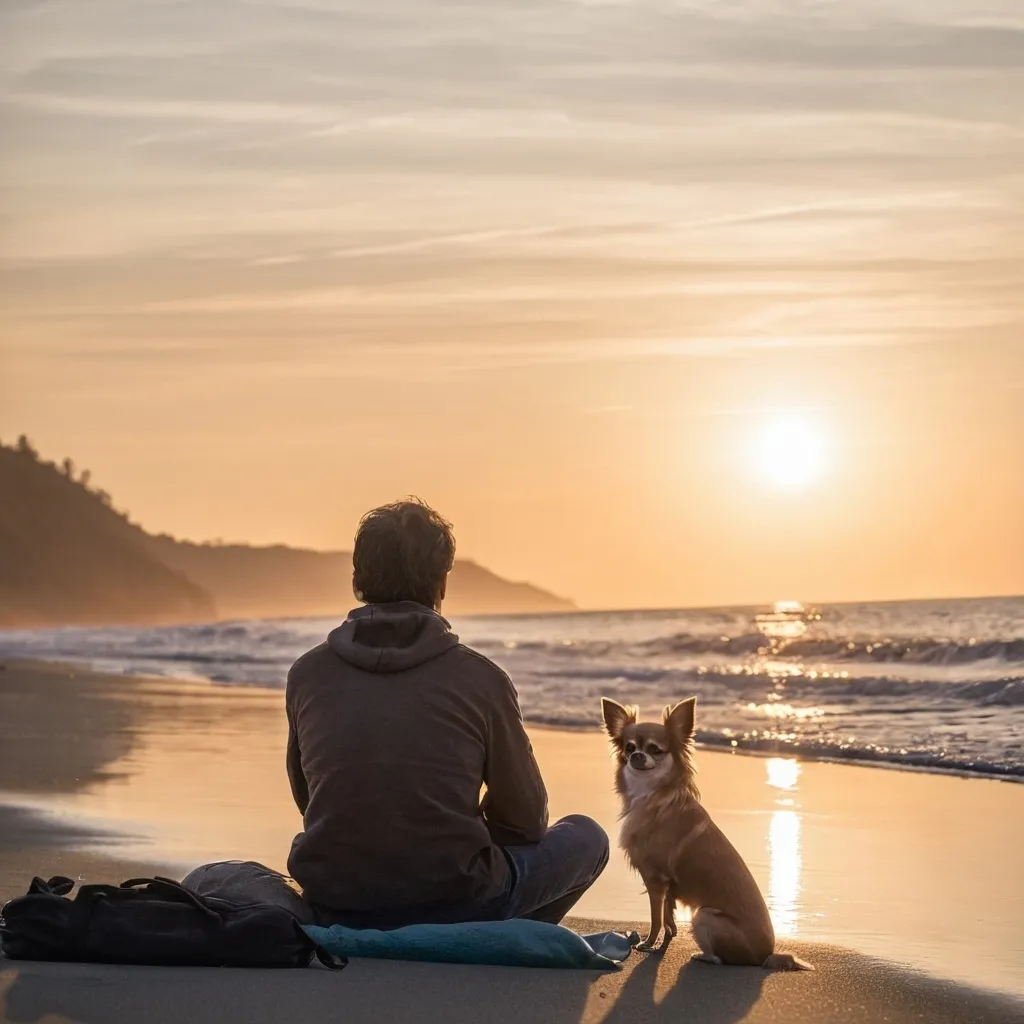 Prompt: Fit Man sitting beside his long haired Chihuahua dog watching the sun set on a beach as the tide comes in along the shoreline 