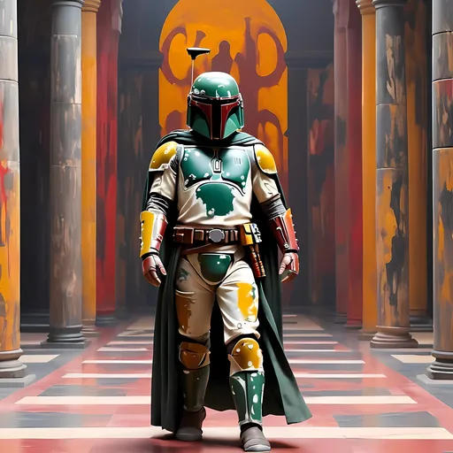 Prompt: Abstract Expressionism scheme, 4k, Boba Fett  standing in temple before battle