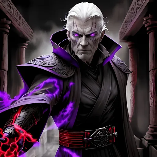 Prompt: Older male Sith lord in temple, detailed facial features, ominous purple, red and black color tones, dramatic lighting, high contrast, ancient temple architecture, weathered stone textures, dynamic poses, powerful energy effects, high quality, comic book style, detailed robes, intense gaze, atmospheric lighting