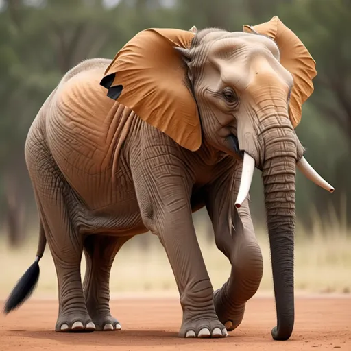 Prompt: Merge the large body of an elephant with the features of a fox, including its tail and agility