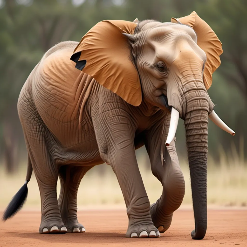 Prompt: Merge the large body of an elephant with the features of a fox, including its tail and agility