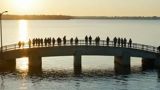 Prompt: A bridge over water, with a group of people on it. Positive scene. Sun shining.