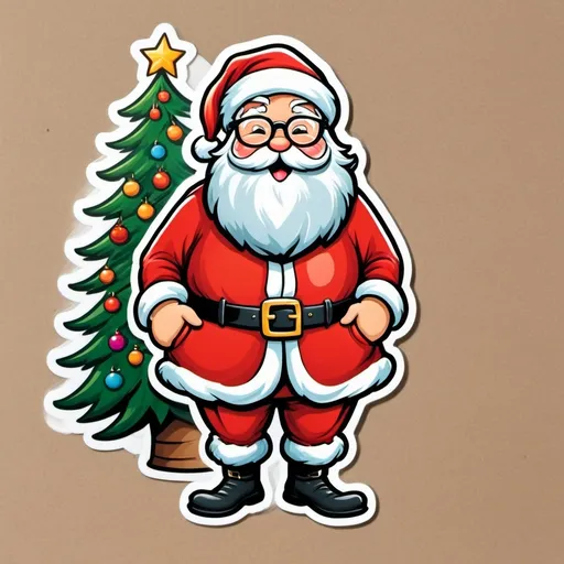 Prompt: cheerful Santa Claus standing in front of a Christmas tree with a beard and glasses on his face, promotional image