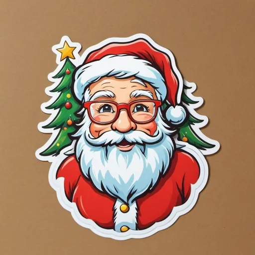 Prompt: cheerful Santa Claus standing in front of a Christmas tree with a beard and glasses on his face, promotional image