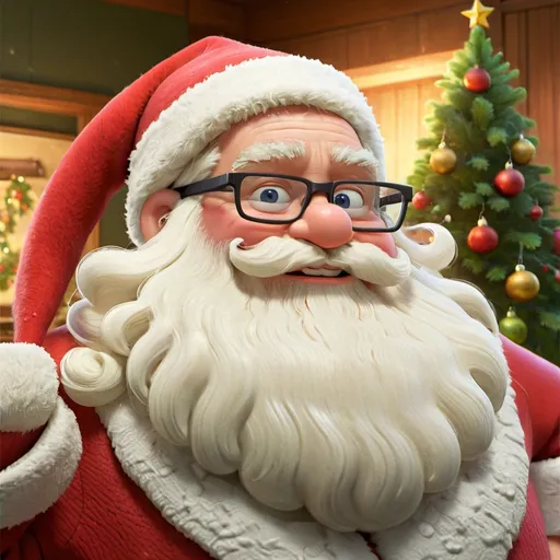 Prompt: cheerful Santa Claus standing in front of a Christmas tree with a beard and glasses on his face, promotional image, a digital rendering