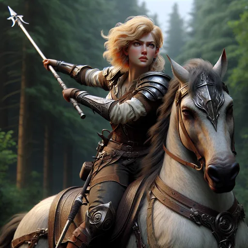 Prompt: blonde female centaur standing wielding a glaive in a forest, centaur, female, highly detailed face, fierce, focused, glaive, medieval fantasy scene, heroic pose, highly detailed face, fighting stance, sword, photorealistic.