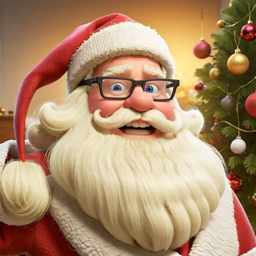 Prompt: cheerful Santa Claus standing in front of a Christmas tree with a beard and glasses on his face, promotional image, a digital rendering