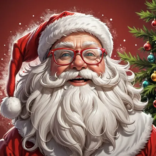 Prompt: happy Santa Claus standing in front of a Christmas tree with a beard and glasses on his face, promotional image, a digital rendering