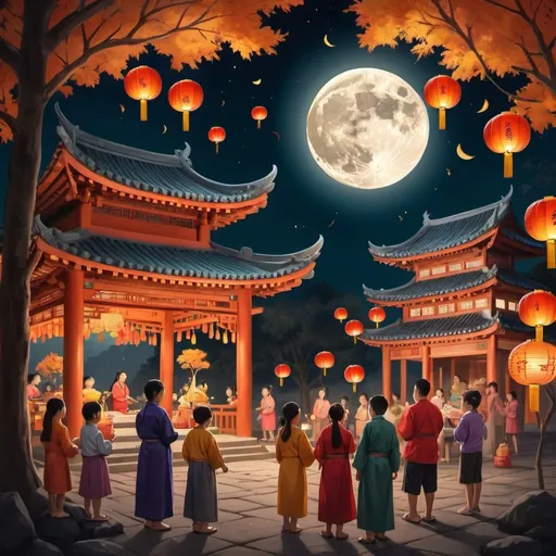 Prompt: 

"A vibrant celebration of the Moon Festival, with families gathered under the soft glow of the full moon. The night sky is illuminated by colorful lanterns hanging from trees and buildings, casting a warm, inviting light. Traditional mooncakes are being shared, and children are joyfully parading with lanterns shaped like animals and mythical creatures. The scene is rich with cultural symbolism, including offerings of fruits and incense at altars, all under the serene, watchful presence of the moon. The atmosphere is filled with a sense of togetherness, tradition, and the magical beauty of the autumn night."