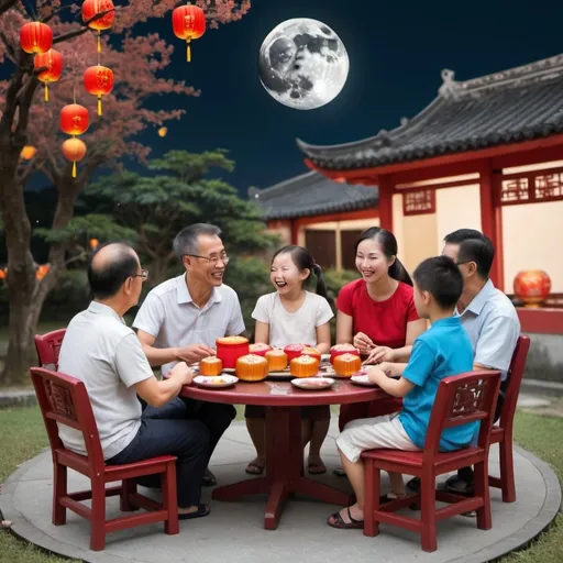 Prompt: Generate a  cenematic photo of a family was sitting together on the chairs in the yard laughing and chatting during the Mid-Autumn Festival. There were many moon cakes on the table, and the moon in the sky was big and round.