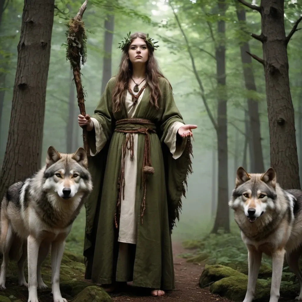 Prompt: A Druid who is was raised by wolves in the woods
