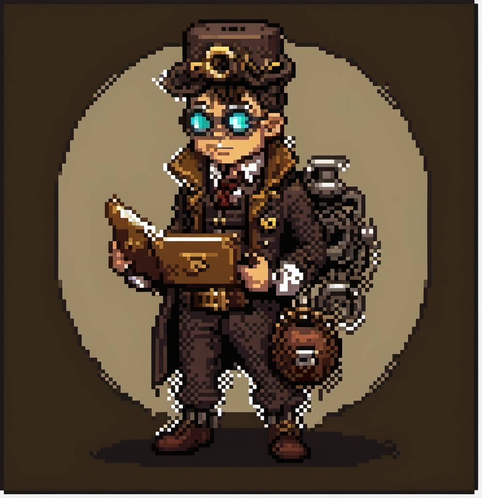 Prompt: “Create a 64x64 px spritesheet featuring a boy in a steampunk outfit similar to the character shown in the image. The boy should have various poses and expressions suitable for use in a video game.”
