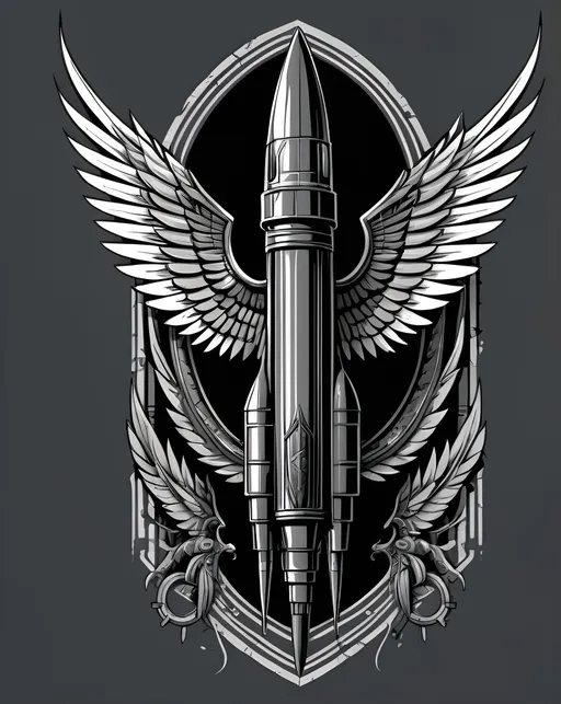 Prompt: Graphic t-shirt design on the back ,of a military rocket running along the spine from bottom to top, dark monochromatic colors, long and narrow rocket with two big wings at the middle, high quality, detailed shadows, military, sleek design, professional