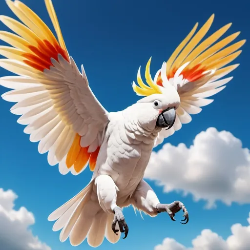 Prompt: (cockatoo flying) wearing a (Troy University shirt), vibrant colors, bright lighting, joyful atmosphere, dynamic pose, clear blue sky with fluffy white clouds background, feathers detailed with various shades of yellow and orange, movement captured mid-air, high-detail, ultra-detailed, 4K, photorealistic quality