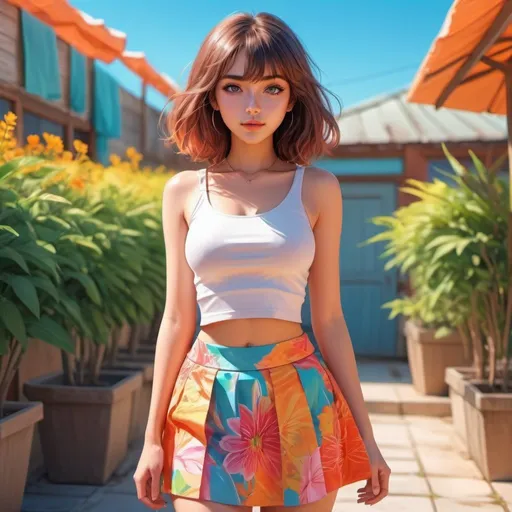 Prompt: Beautiful digital art of a hot, cute girl in a stylish crop top and skirt, vibrant and lively, high-resolution, colorful, anime, summer vibes, detailed eyes, sleek design, professional, bright and sunny lighting