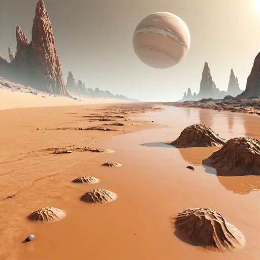 Prompt: Sandy beach shore on another planet 