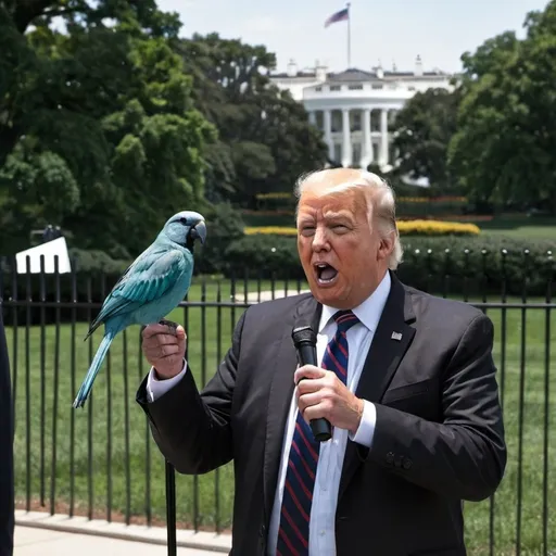 Prompt: chill bird man speaking outside the white house
