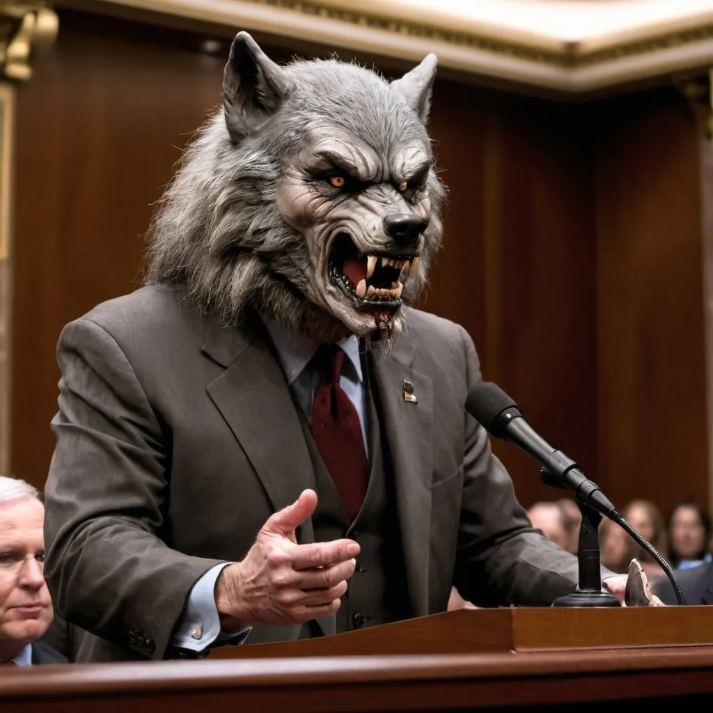 Prompt: wolf man speaking in the senate