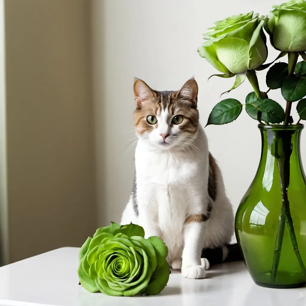 Prompt: A cat sitting on a table next to a green rose in a vase 