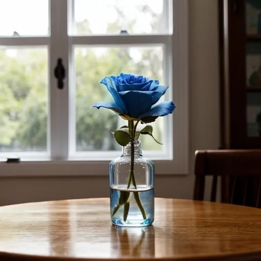 Prompt: A blue rose on a table in front of a large window with a child looking at the rose