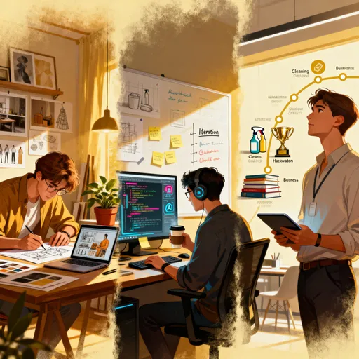 Prompt: Create a professional concept art illustration showing three overlapping scenes. On the left: a designer deeply focused on sketching product details, surrounded by inspiring objects and everyday environments that fuel creativity. In the center: a developer reviewing code on a screen, highlighted by code review tools and thoughtful iteration, representing continuous improvement and AI-assisted workflows. On the right: an entrepreneur standing in a workspace, reflecting on a journey from humble beginnings (cleaning, learning, winning hackathons) to business success. Blend visual cues of mindfulness, emotional connection, and persistence—use warm lighting, authentic human expressions, and a sense of movement toward excellence.