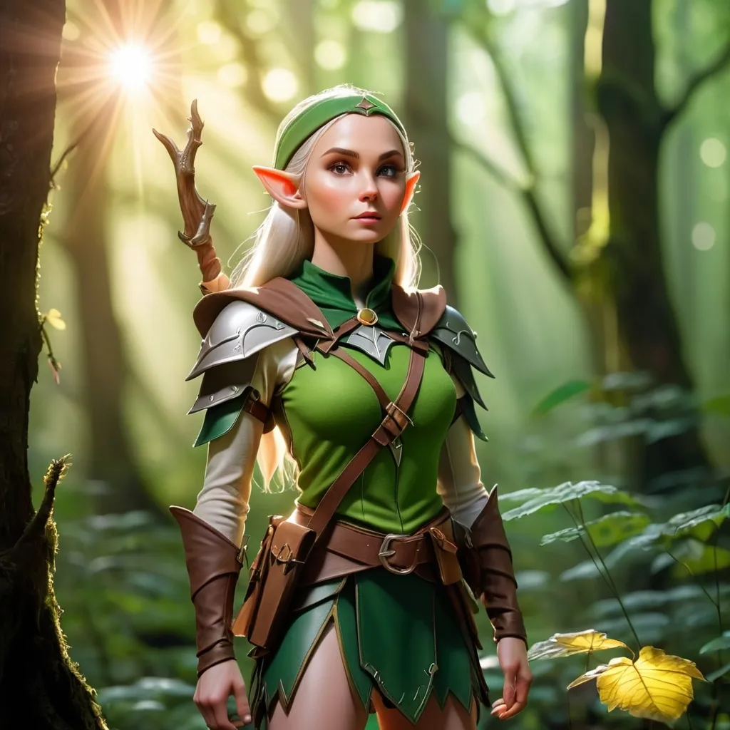 Prompt: Elf ranger in a mystical forest around sunlight