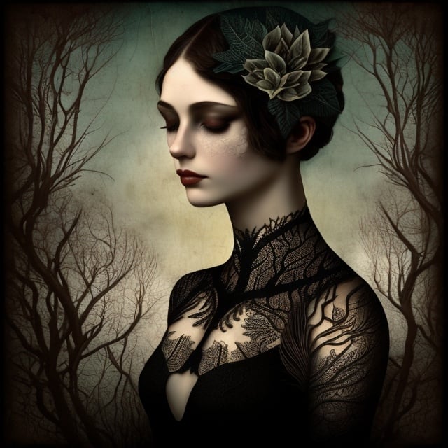 Prompt: "black lace, leaves, detailed, on white background, surreal, intricate, Christian Schloe art"