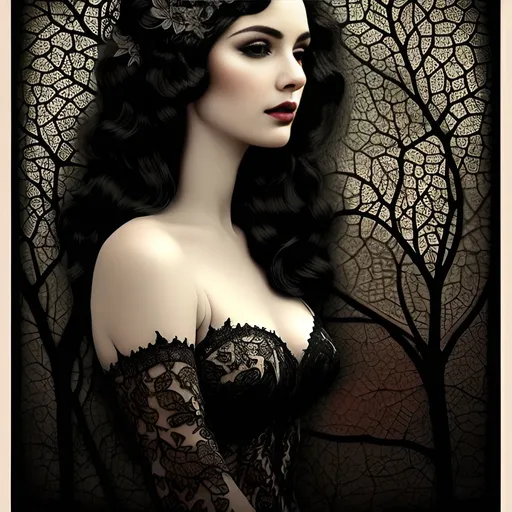 Prompt: Intricate black lace vintage design with detailed leaves, surreal Christian Schloe art, on a white background, high quality, vintage, surreal, detailed, intricate, Christian Schloe style, white background, professional, atmospheric lighting