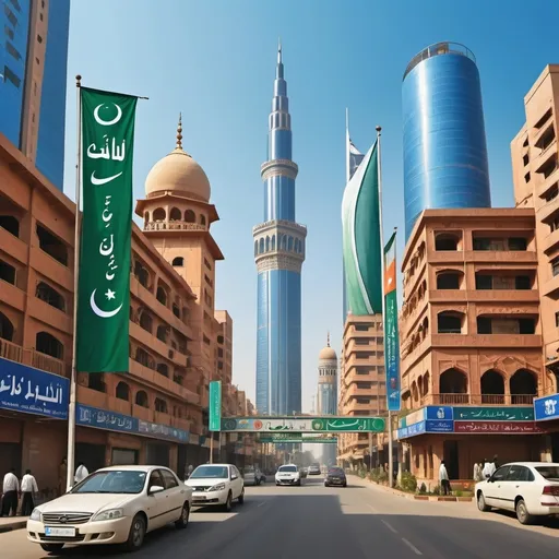 Prompt: (envisioned city scene), modern skyscrapers intertwining with rich cultural heritage, street signs displaying (accurately spelled text "اردو") alongside vibrant colors, a bustling atmosphere, a prominent flagpole projecting the Pakistani flag, intricate architectural details reflecting traditional design, clear blue skies, dynamic city life, radiant and engaging backdrop, ultra-detailed, high-quality visual, harmonious blend of tradition and modernity.