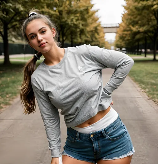 Prompt: Realistic high-contrast portrait of a mid-20s Caucasian female, engaging eyes, perfect rounded teeth, subtle muscle tone, wearing fitted vintage long sleeve heather grey T-shirt, rolled-up sleeves and shorts, developed thighs, long messy ponytail, bold high contrast, 2-color screen print, curvy and cute face, realism style, open mouth stare, wayfarer eye glasses, professional lighting