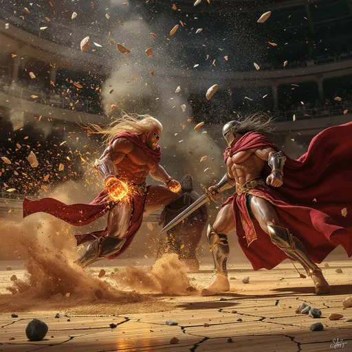 Prompt: البيئة: حلبة خشبية متشققة، كل شق صغير مرسوم بدقة، حطام حجري متطاير، الغبار يحتوي على جزيئات صغيرة تتحرك مع الرياح.

الجمهور: كل شخص مرسوم بتعبيرات وجه فريدة، حركة أصابعهم وعيونهم، بعضهم يميل قليلًا، كل حركة تؤثر على الغبار المحيط.

فارس: كل عضلة مشدودة، الجلد يلمع تحت الشمس، قبضته النارية تتوهج شرر صغير متطاير حول اليد، عينه تتلألأ بالغضب.

منذر: شعره الطويل مكون من خصل دقيقة، العباية تتحرك ثنيات دقيقة جدًا، العضلات مرسومة بشكل واقعي، خطواته تحرك الغبار وجزيئاته الصغيرة.