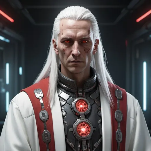 Prompt: human, male, full face, old, white, digital chip in head, wearing white and red catholic robe, long white hair, white skin, cyberpunk, white eyes, ultra-detailed, 4k, de-noise, ue5, octane render, (delightful anatomy:1.1), illumination, insane, stunning, completed artwork, HQ:1.1), (full length portrait) of Technomancer detailed face| symmetrical features| cyberpunk background | 2077|  16k, UHD, HDR10, 16K, ((Masterpiece)) , Absurdres 


