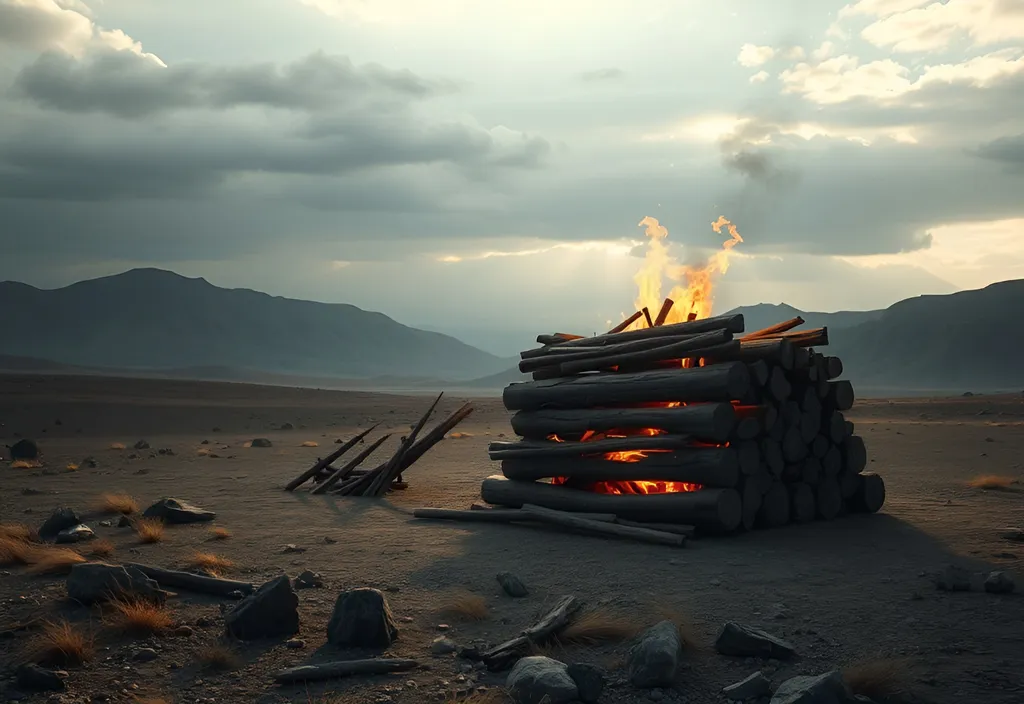 Prompt: photorealistic, (ultra-realistic) image of a large square burning stack of wood used for signal fires, (barren field) environment, muted earthy tones, dramatic lighting casting long shadows, sense of isolation, windswept rock, expansive sky overhead, high detail on textures, 4K resolution, emphasizing ruggedness and desolation in a serene setting.