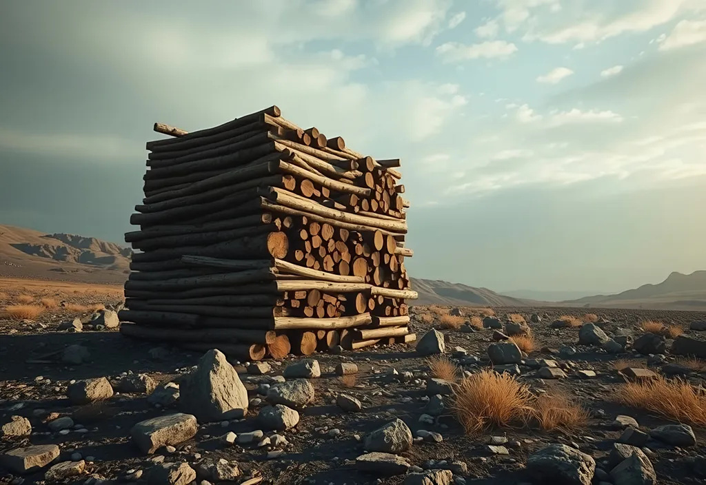 Prompt: photorealistic, (ultra-realistic) image of a large square stack of wood used for signal fires, (barren field) environment, muted earthy tones, dramatic lighting casting long shadows, sense of isolation, windswept rock, expansive sky overhead, high detail on textures, 4K resolution, emphasizing ruggedness and desolation in a serene setting.