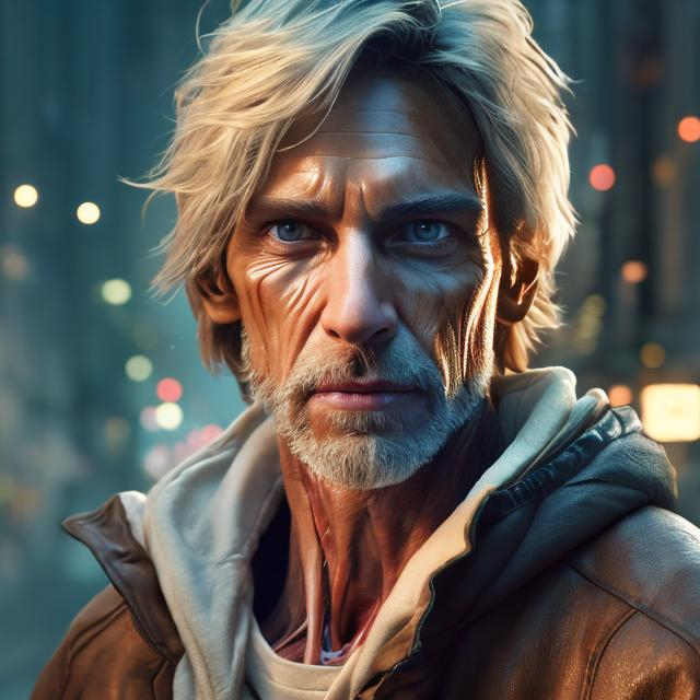 Prompt: human, older male, full face, white, smirk, longer hair, tan skin, wearing leather jacket, bright eyes, ultra-detailed, 4k, de-noise, ue5, octane render, (delightful anatomy:1.1), illumination, insane, stunning, completed artwork, HQ:1.1), (full length portrait) of Technomancer detailed face| symmetrical features| space background | 2077|  16k, UHD, HDR10, 16K, ((Masterpiece)) , Absurdres 


