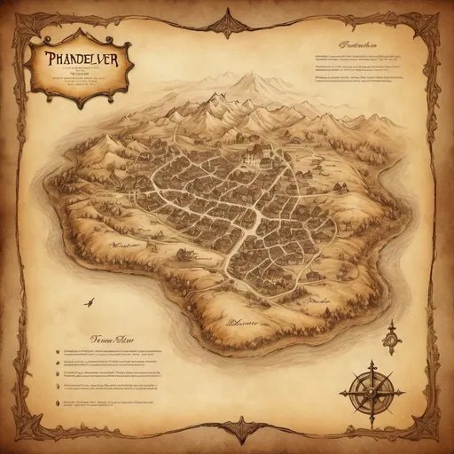 Prompt: Invitation to the town of Phandelver, parchment material, detailed map of the town and surrounding areas, high quality, realistic, medieval fantasy style, warm earthy tones, soft natural lighting, detailed hand-drawn map, aged parchment texture, calligraphy, adventure, treasure hunt, medieval, detailed landscape, warm lighting, vintage design