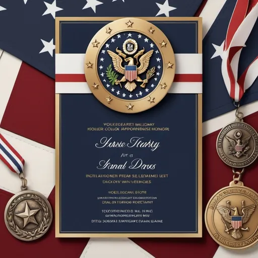 Prompt: (Invitation for a party for military personnel), photorealistic, vivid and dynamic color palette, celebratory and joyful atmosphere, soldiers in formal uniforms, military medals and decorations, warm and inviting ambient lighting, elegant and sophisticated setting, HD, ultra-detailed invitation text accurately spelled, subtle patriotic elements, flags and banners in the background, high-resolution, impeccable details, conveying respect and honor, mix of traditional and modern design elements.