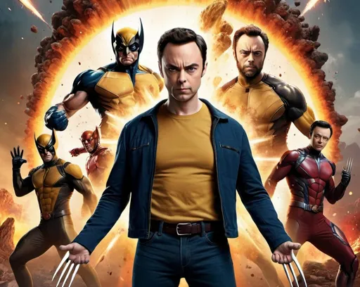 Prompt: A movie art with Jim Parsons from the Big bang theory TV show as mcu Wolverine character with his iconic pose and without his Mask in photorealistic style with a explosion in foreground with a dozen other Big bang theory and mcu heroes