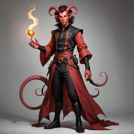 Prompt: a male tiefling mage, full body portrait, light red skin, yellow eyes, dark hair, young adult