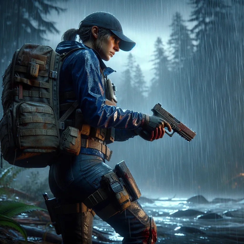 Prompt: Highly detailed and realistic cover art featuring the female character in a dynamic pose in a rainy Washington forest, holding an M17 handgun by her side. Her tactical outfit includes a navy blue waterproof jacket, a cap, and survival gear, all bloodied and torn from a recent attack. The background features a dark and stormy environment with rain pouring down and dramatic lighting, capturing the gritty and intense atmosphere. The overall style is cinematic and evocative, emphasizing the character's resilience and determination in the harsh environment.