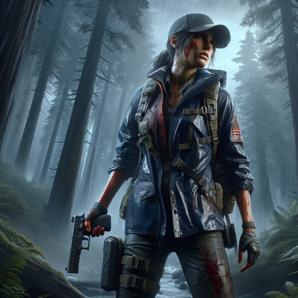 Prompt: 
Highly detailed and realistic cover art featuring the female character in a dynamic pose in a rainy Washington forest, holding an M17 handgun by her side. Her tactical outfit includes a navy blue waterproof jacket, a cap, and survival gear, all bloodied and torn from a recent attack. The background features a dark and stormy environment with rain pouring down and dramatic lighting, capturing the gritty and intense atmosphere. The overall style is cinematic and evocative, emphasizing the character's resilience and determination in the harsh environment.