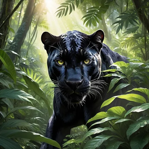 Prompt: A (black panther) lurking stealthily in a dense jungle, focused and alert, surrounded by vibrant green foliage and dappled sunlight filtering through the trees, capturing a moment of tension, high detail, cinematic atmosphere, suspenseful mood, ultra-detailed, perfect lighting, flowers and shadows in the background, evoking a sense of the wild.