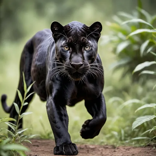 Prompt: A black panther a cute one with visible patterns on its belly the black panther is hunting with other black panthers