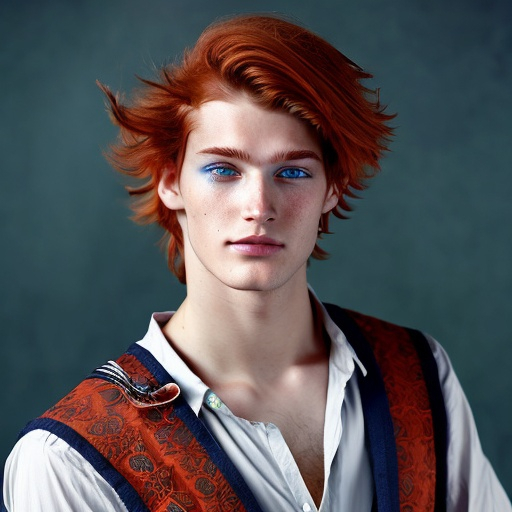 Prompt: Human with cerulean eyes. He has auburn hair with a small white streak along the side. He is dressed flamboyantly, holding a lyre