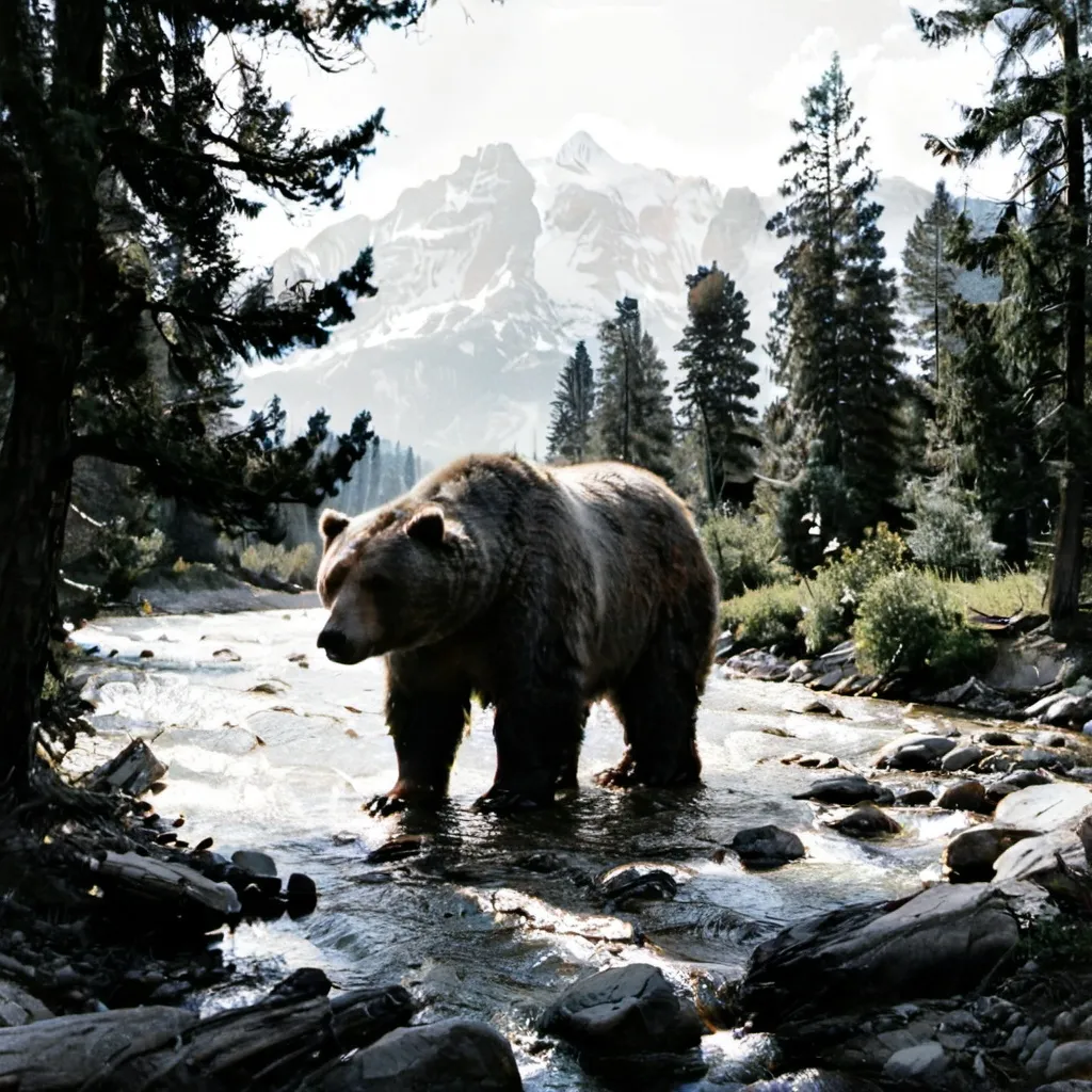 Prompt: greyscale big bear walking with river and trees and mountain